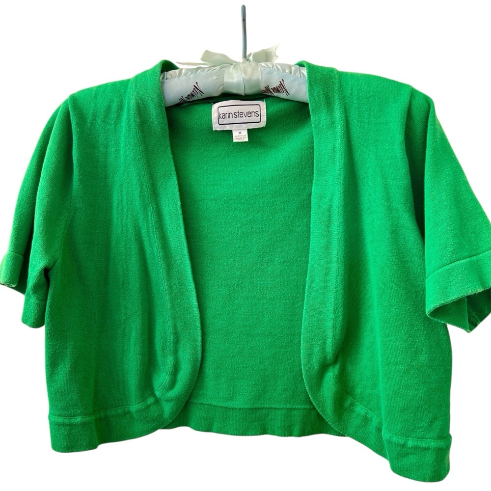 5/$20 Karin Stevens Lime Green Open Front Crop Shrug Cardigan